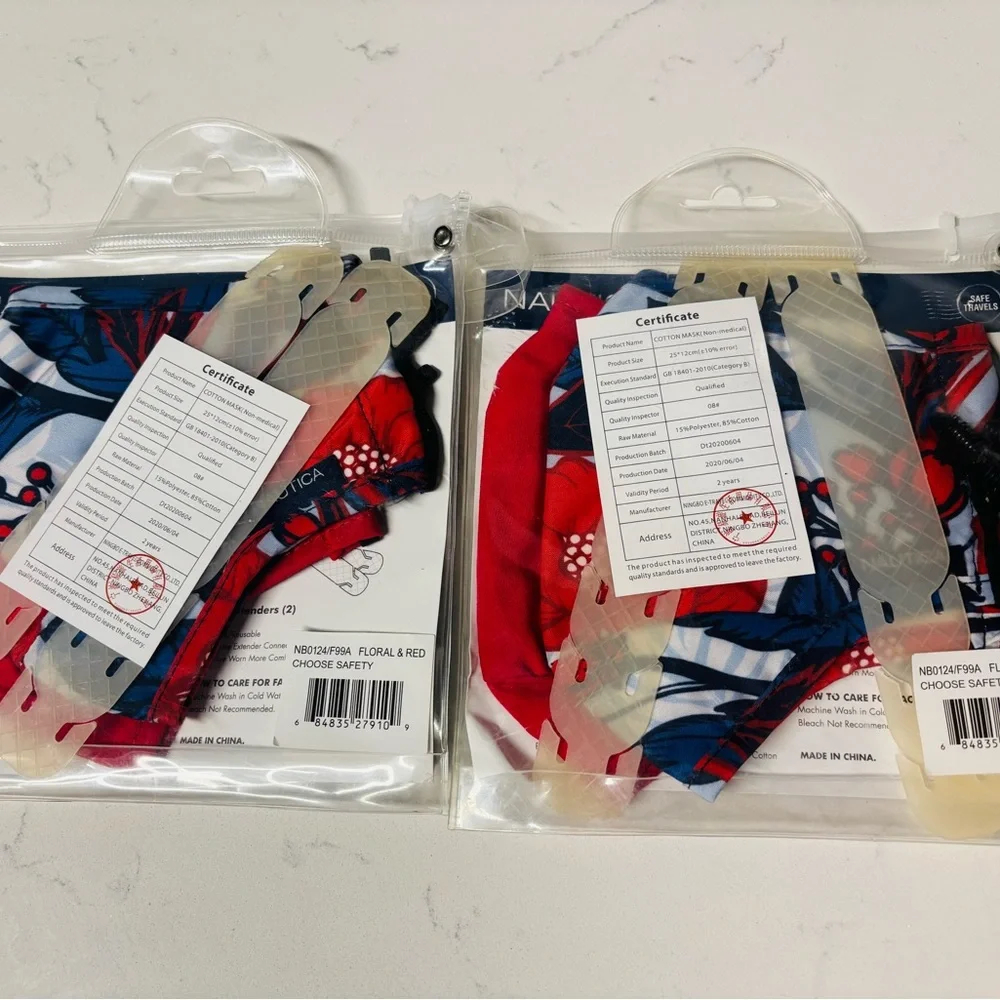 BEAUTIFUL 2 Packs Nautica Floral & Solid Reusable Face Mask w/ extenders 4 masks